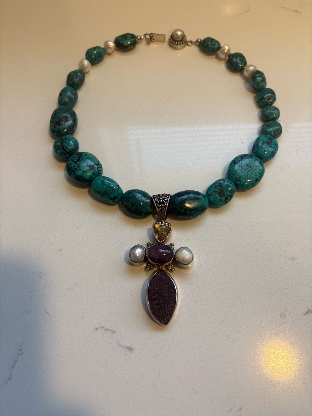 Genuine Sterling, silver, and Turquoise Beaded Necklace with cross Pendant